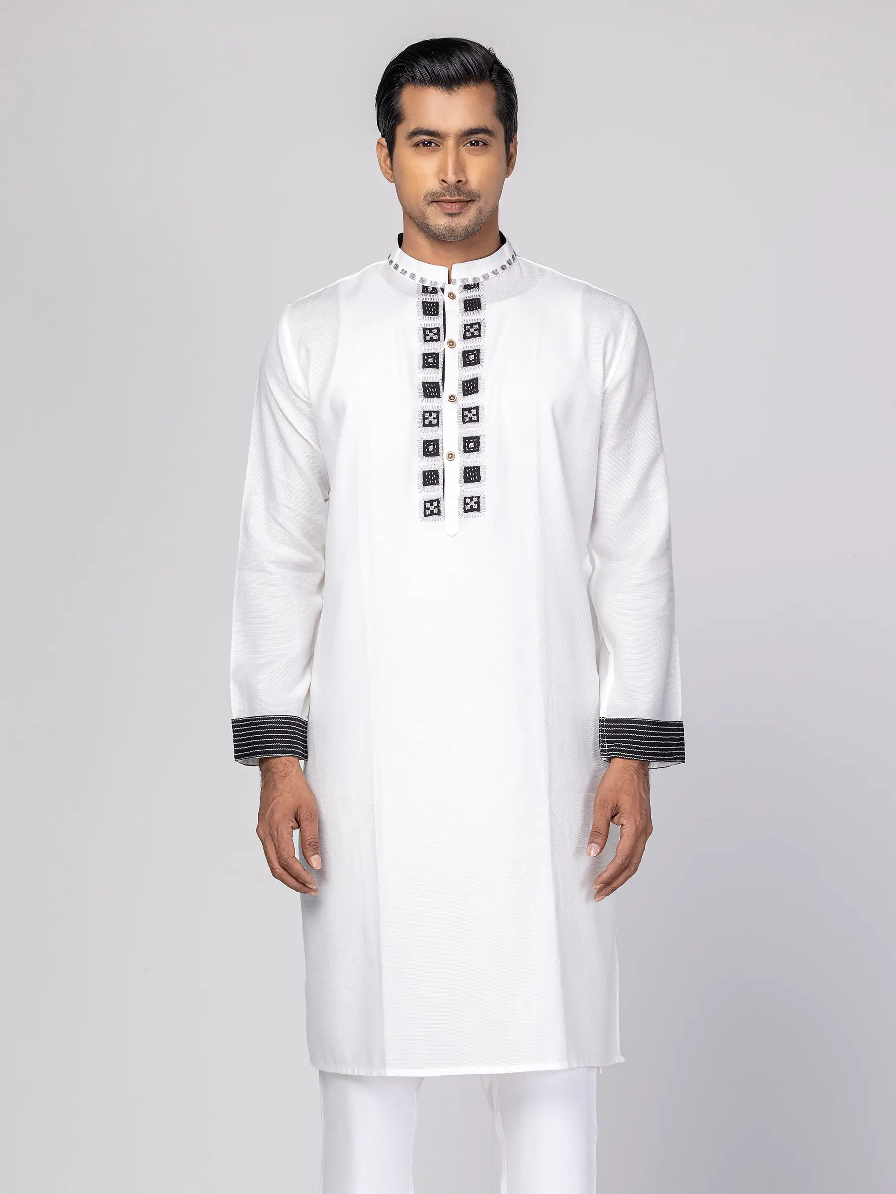 Off White Textured and Embroidered Cotton Panjabi